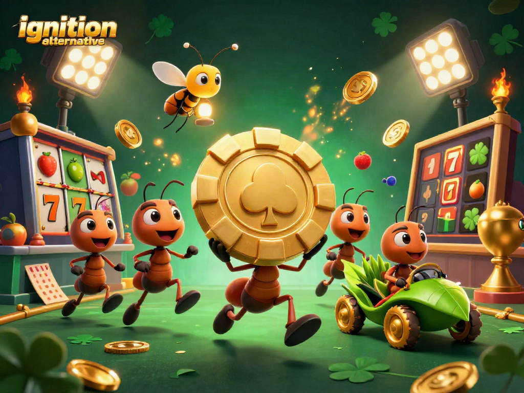 Explore ignition alternative with 3D cartoon ants heist for a golden poker chip in this detailed casino scene.