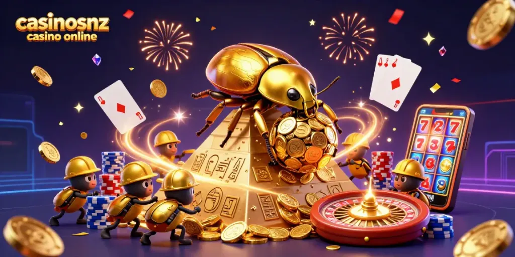Experience the thrill of casinosnz casino online with a vibrant 3D illustration showcasing unique gaming elements.