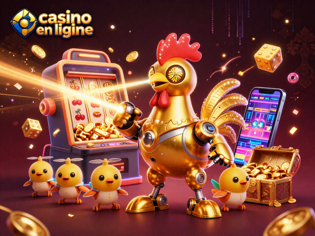 Jouez au casino en ligne avec des éléments de jeu excitants et un robot coq futuriste.