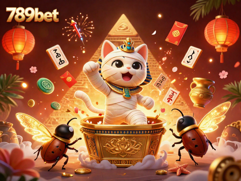 Experience thrilling action with 789bet in a vibrant 3D casino scene featuring an Egyptian mummy cat.