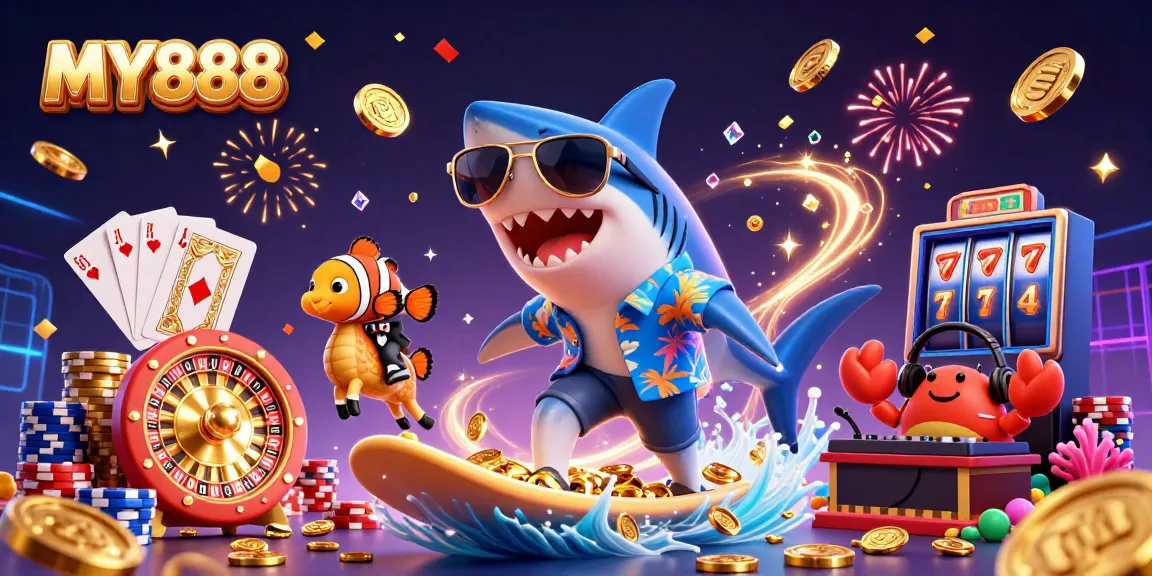 Engage in thrilling gaming action at MY888 with a colorful underwater scene featuring a hammer-head shark, clownfish, and crab DJ amidst casino elements.