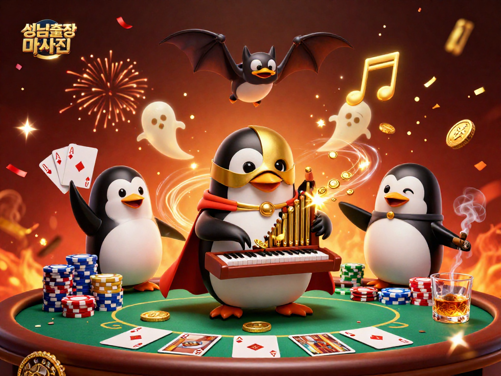 Experience thrilling entertainment with 성남출장마사지 featuring a penguin playing for golden coins at a vibrant casino scene.