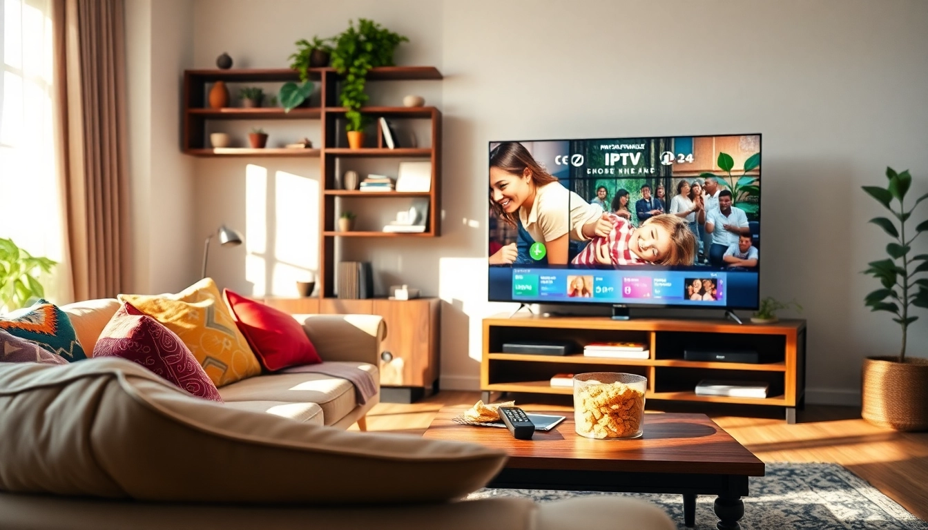 Enjoy IPTV Free Trial No card with a cozy streaming setup in a vibrant living room.