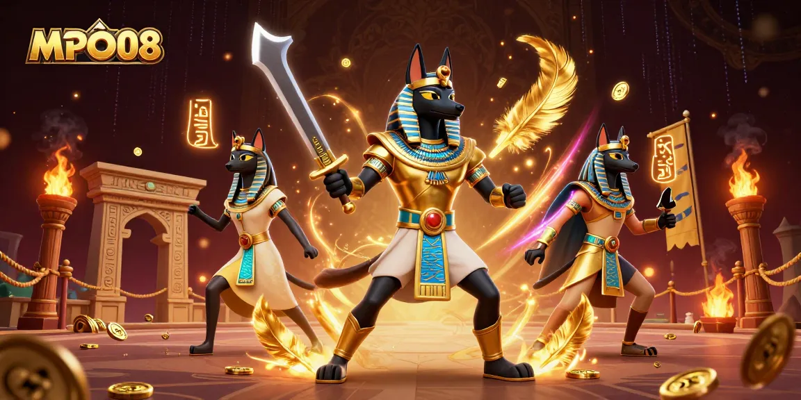 MPO08 slots scene featuring Anubis and Bastet amidst dynamic gold coins and glowing elements