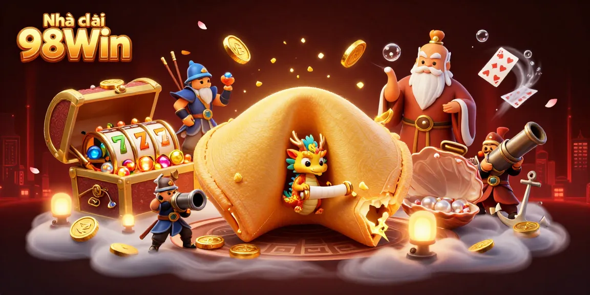 Experience engaging gameplay at Nhà cái 98Win with this dynamic illustration of a golden fortune cookie scene.