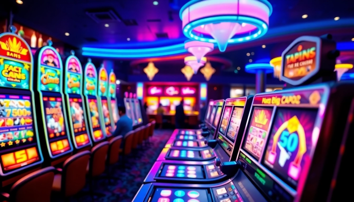 Excited player enjoying slot gambling at vibrant casino with colorful machines and lively atmosphere.