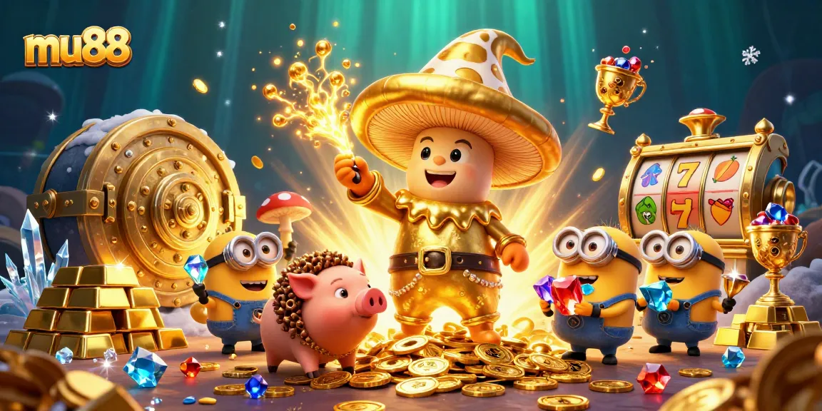 Spin the reels with mu88 and follow the golden wizard to treasure in this vibrant casino scene.