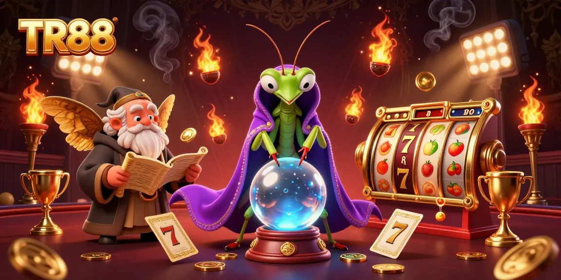 Spin the TR88 with vibrant slot reels, depicting high-energy casino action and fortune telling.