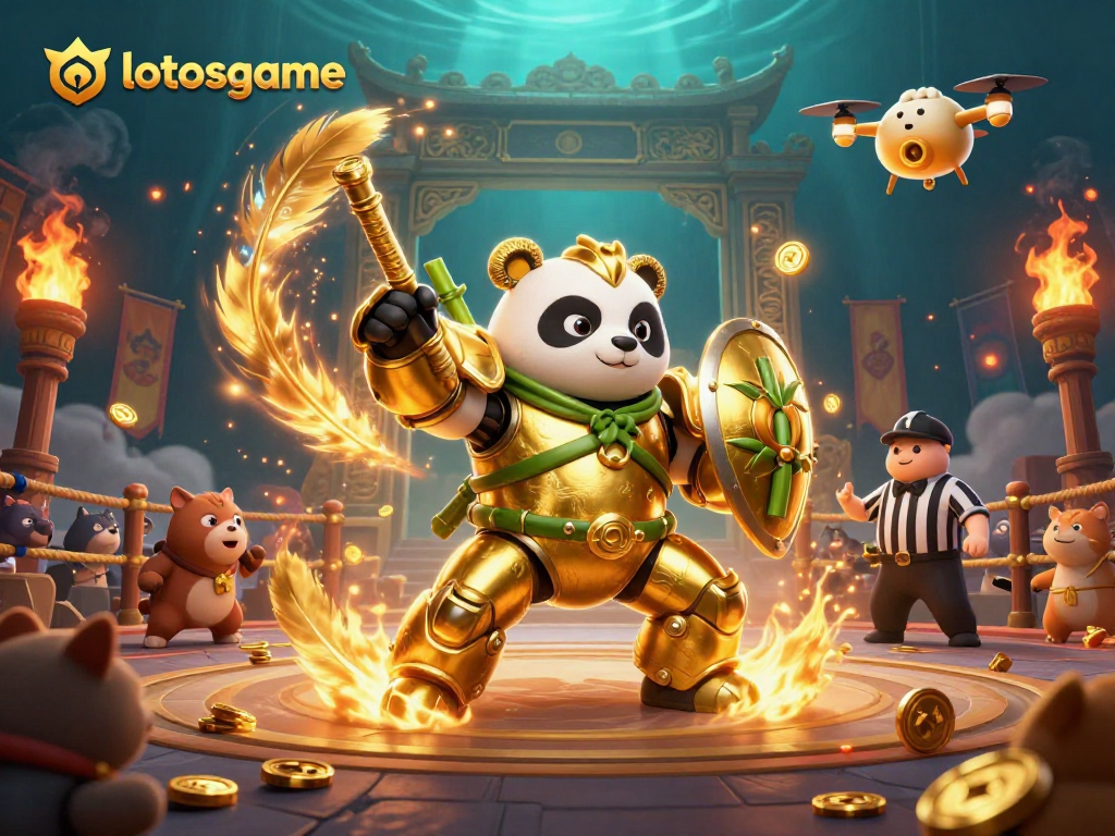 Engage in the thrilling action of lotosgame with a mech-suit panda in a vibrant gambling arena.