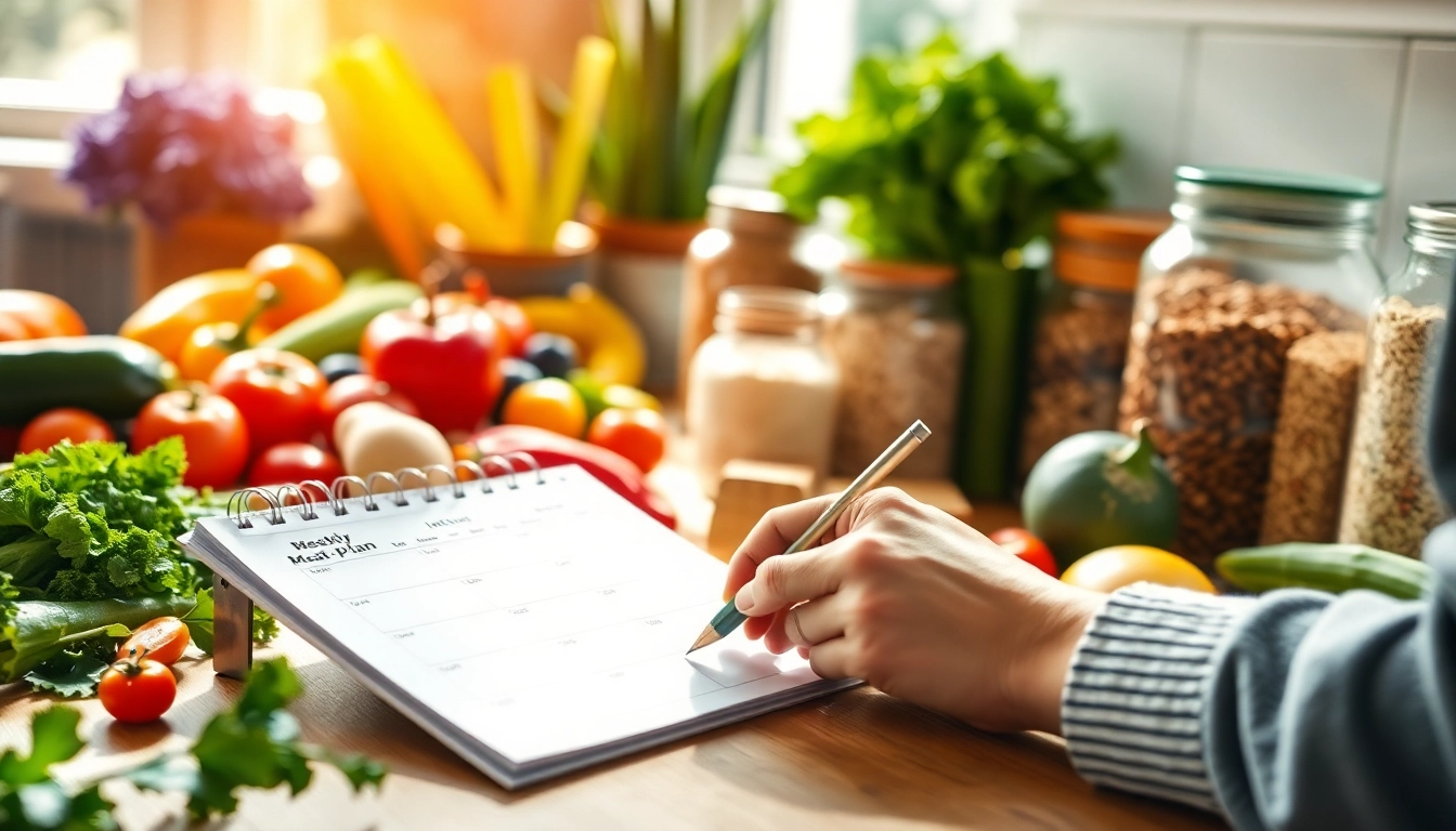 Creating an initial nutrition plan amidst fresh ingredients in a bright kitchen.
