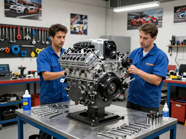 Hellcat engine for sale showcased in a professional automotive workshop with mechanics inspecting components.