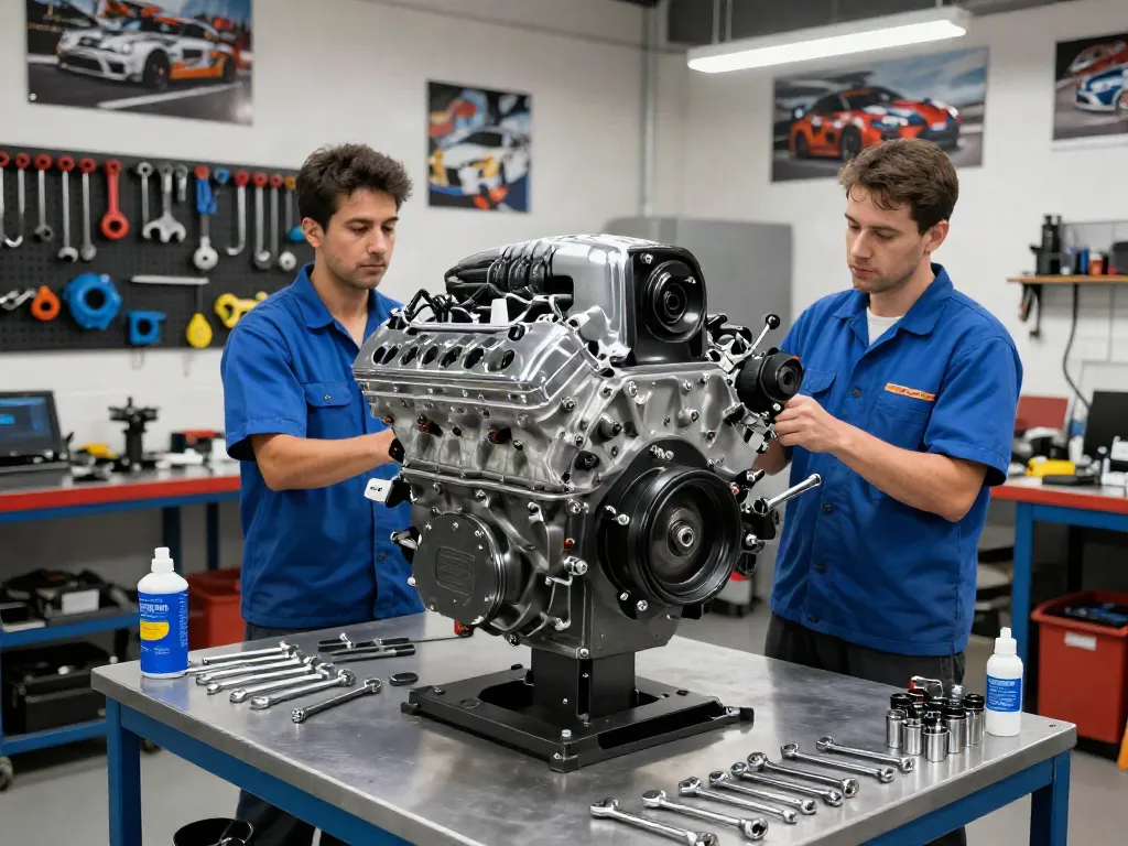 Hellcat engine for sale showcased in a professional automotive workshop with mechanics inspecting components.