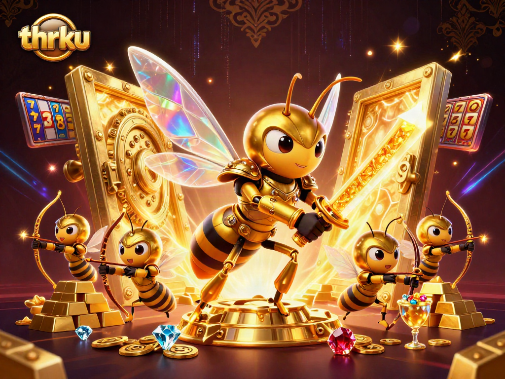 Thrku showcases a vibrant casino scene with a golden hornet in samurai armor and dynamic gambling elements.