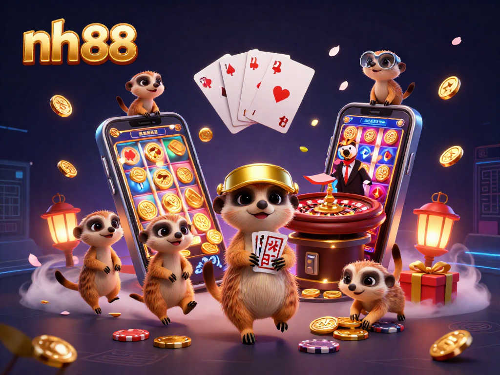 Engage at nh 88 with cartoon meerkats managing a lively casino, surrounded by thrilling gaming elements.