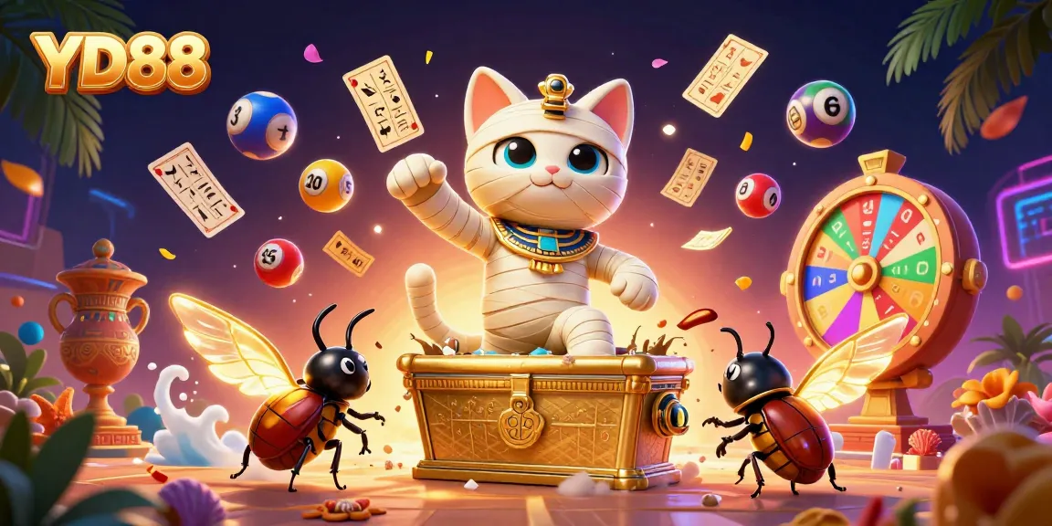Experience the excitement of YD88 with a dynamic scene featuring colorful lottery balls and golden tickets.