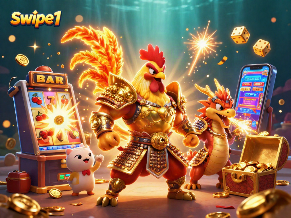Spin to win with swipe1 in a vibrant 3D casino scene featuring a warrior rooster and dragon.