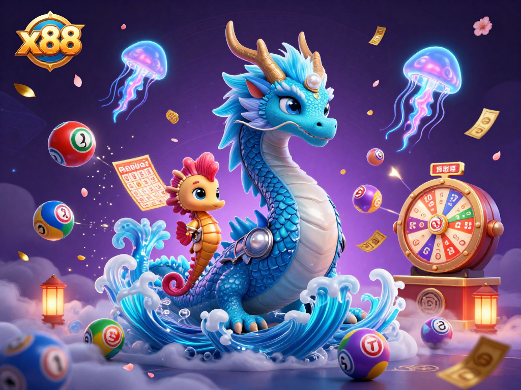 Experience the excitement of x88 with a vibrant 3D scene featuring animated casino elements and fantasy characters.