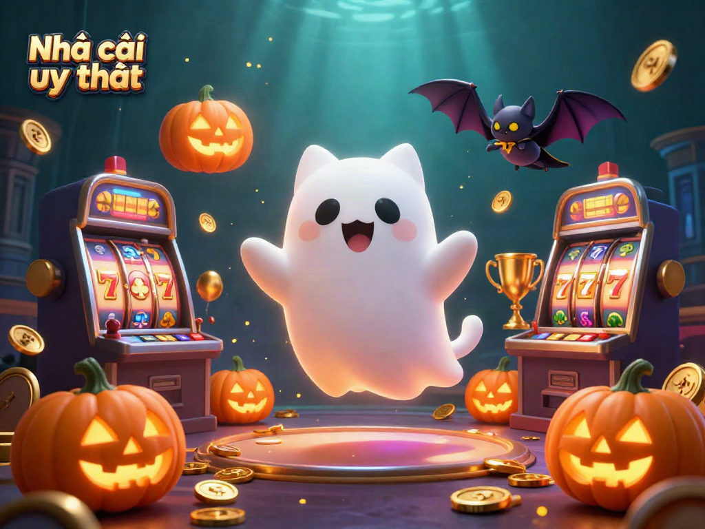 Experience the thrill of Nhà cái uy tín with our ghost cat and bat in a vibrant casino scene.