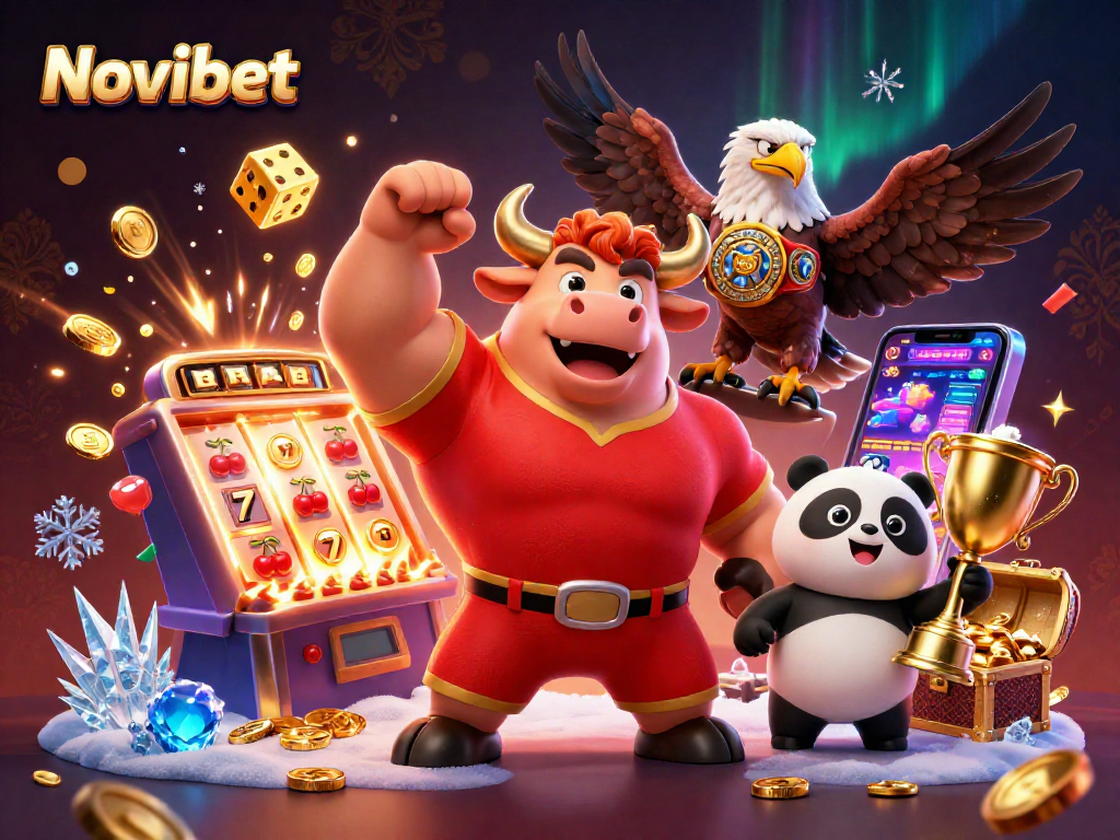 Novibet players celebrate big wins amid slot machines and casino elements showcasing thrilling games.