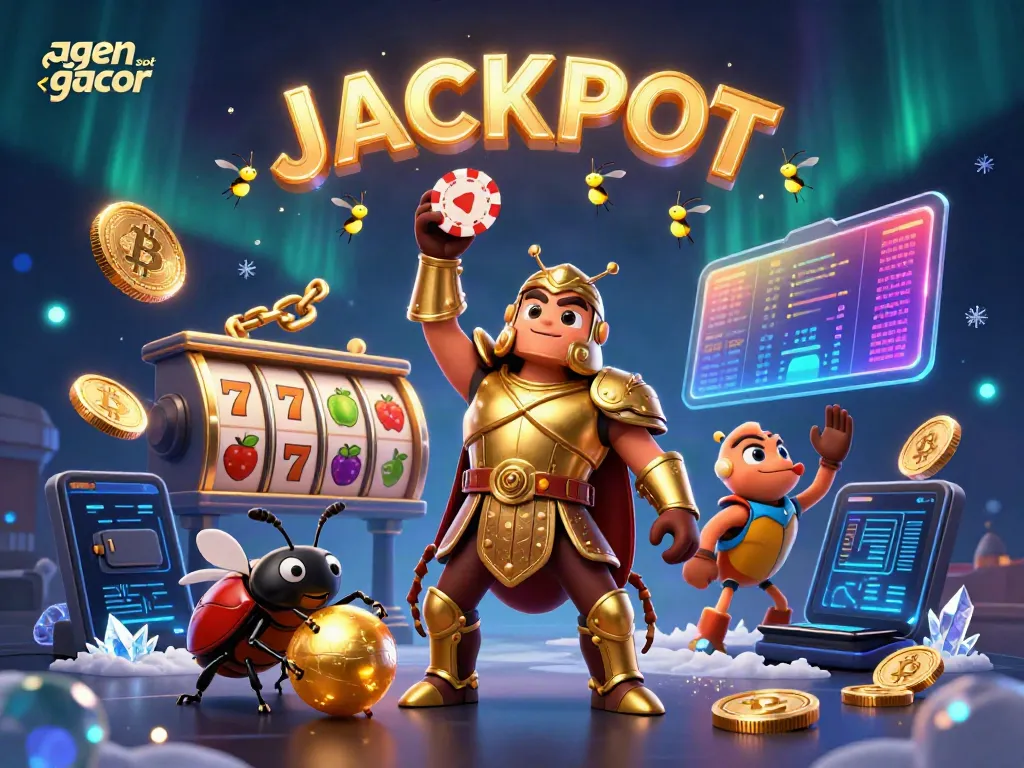 Catch the excitement with agen slot gacor as the victorious beetle lifts a poker chip amidst captivating casino elements.