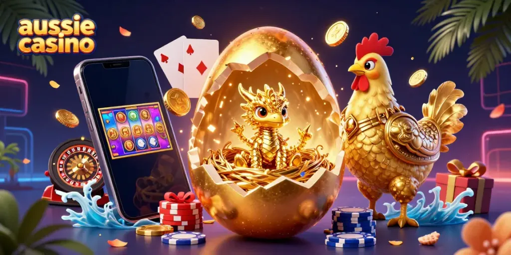 Aussie casino scene depicting a golden dragon with poker chips and vibrant gaming elements.