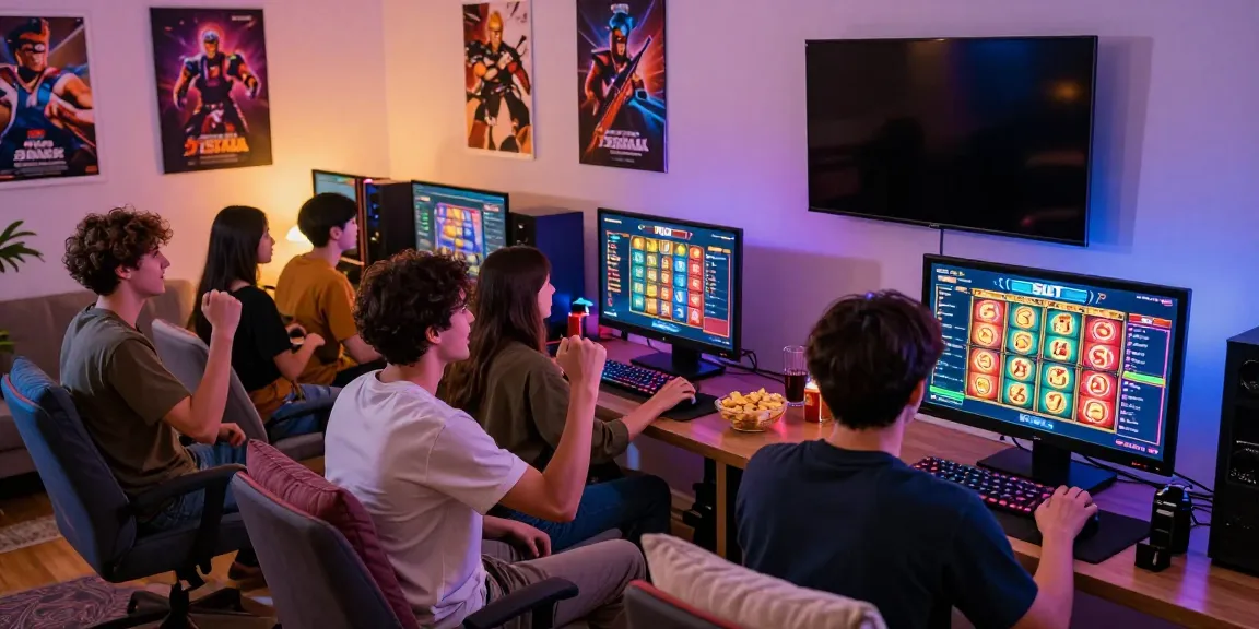Players enjoying PG SLOT gaming experience with excitement and snacks in cozy living room.