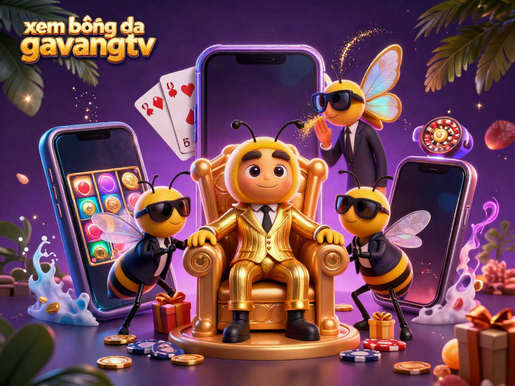 Engage in xem bóng đá gavangtv with this vibrant 3D illustration highlighting a bumblebee mob boss amid a carnival of casino activities