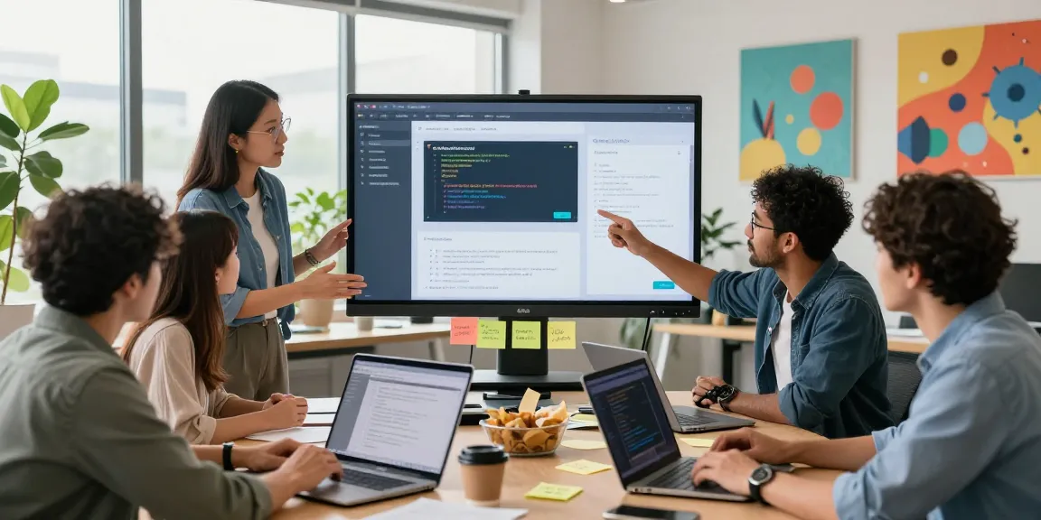 Build internal tools with AI in a collaborative workspace with a diverse team discussing project details.
