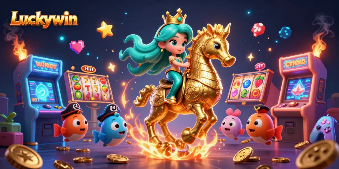 Experience vibrant gameplay with Luckywin’s mermaid princess and golden seahorse amidst arcade elements.