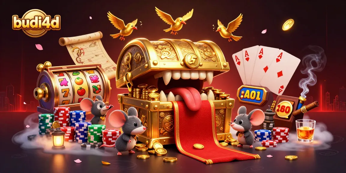 Engage with budi4d gaming riches visual, showcasing slot reels, treasure chest, and poker action.