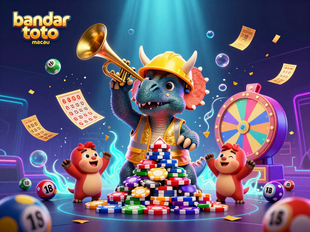 Win big with bandar toto macau featuring a dynamic scene of celebrating dinosaurs, lottery elements, and exciting prizes!