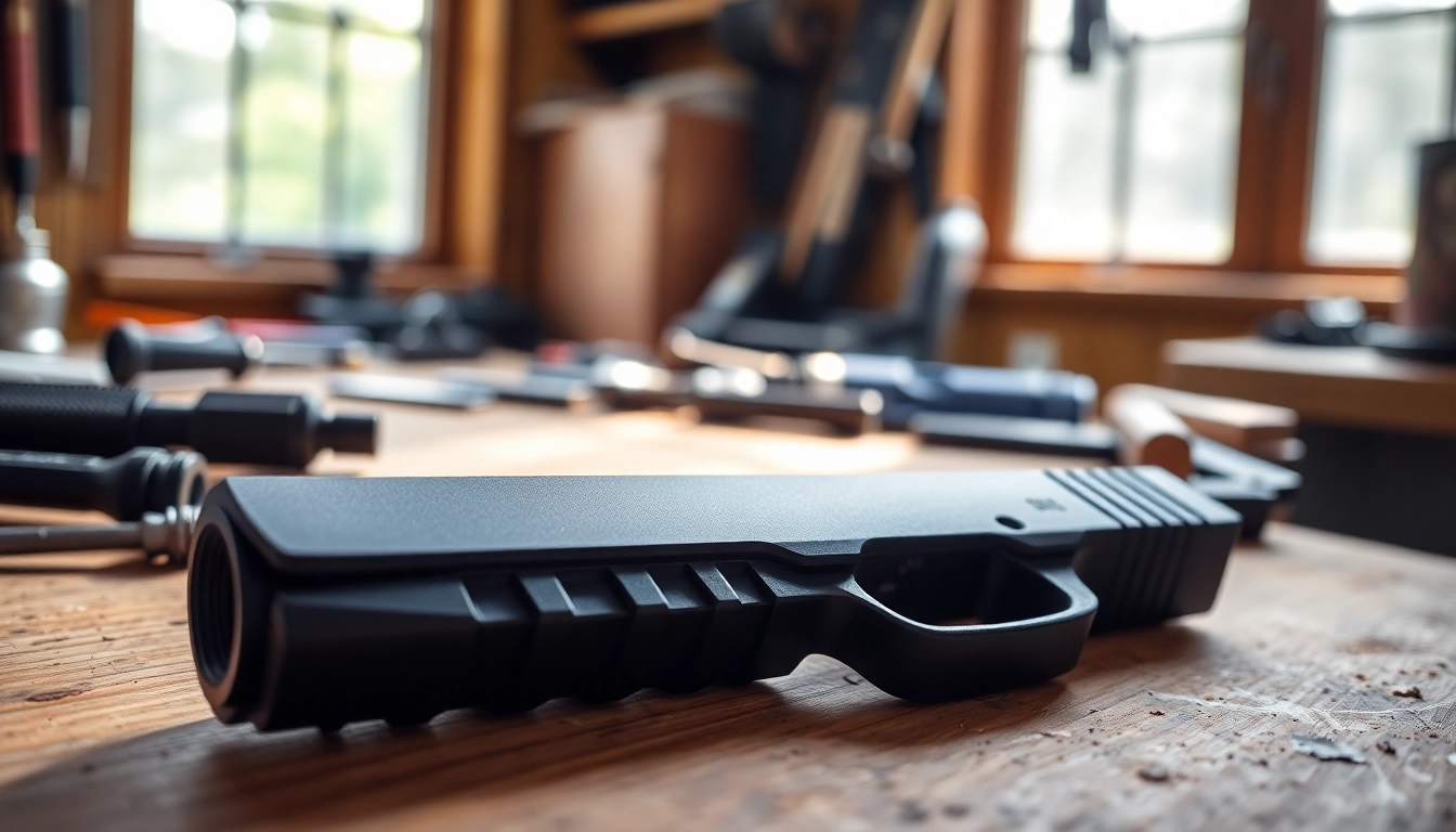 Showcasing a glock 17 gen 5 slide on a gunsmithing bench with tools, highlighting detail and craftsmanship.