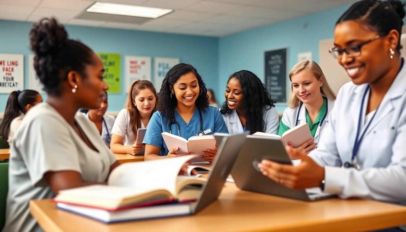 Engaged nursing students studying for the repeat NCLEX taker review Houston, collaborating in a bright classroom.