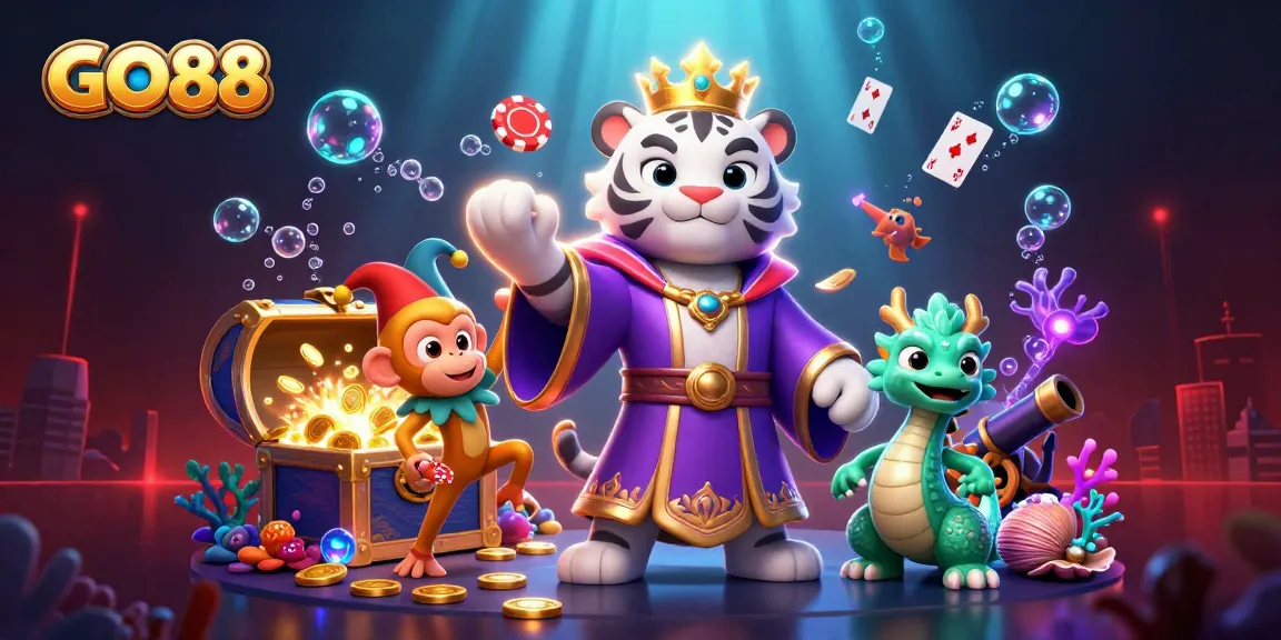 Play poker and win with GO88, featuring a royal tiger, jester monkey, and jade dragon in casino-themed illustration.