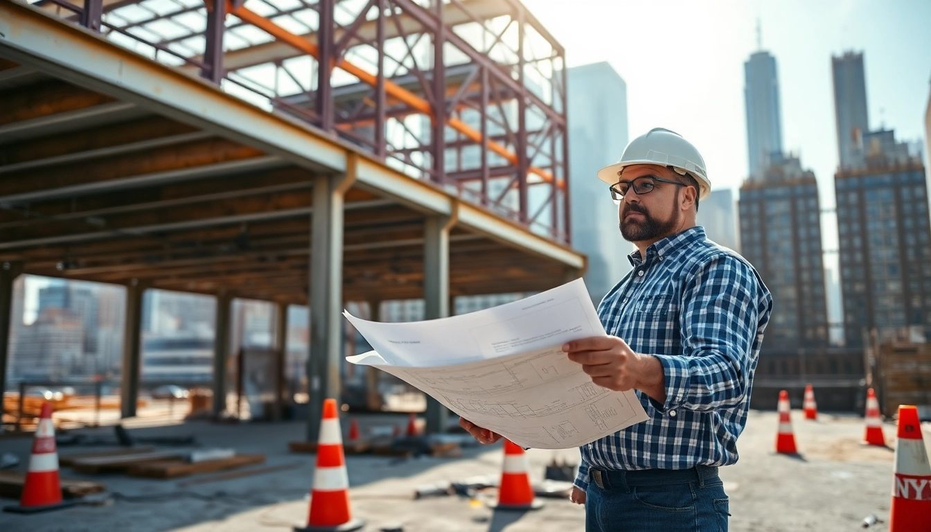 Dynamic scene of a New York City Commercial General Contractor supervising a construction site.