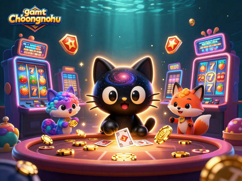 gamethuongnohu cat pulls in casino chips in a colorful cosmic setting filled with vibrant slot machines.