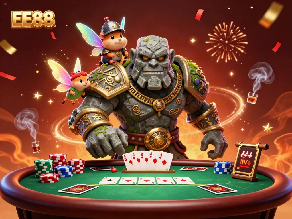 Join the excitement at EE88 with a magical golem, fairy, and hamster knight at a vibrant poker scene!
