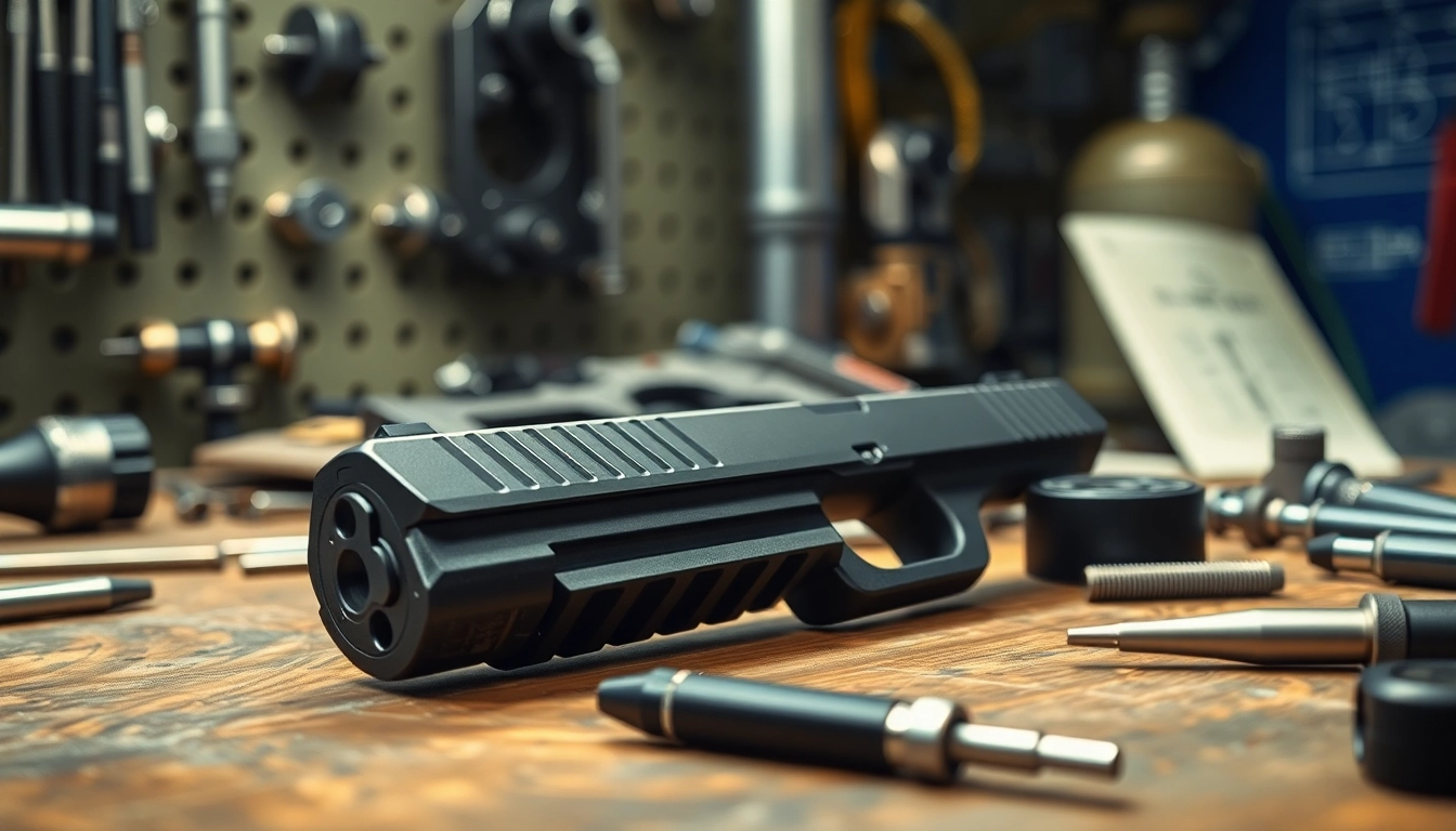 Detailing glock 17 slide on a workbench with tools emphasizes precision craftsmanship.