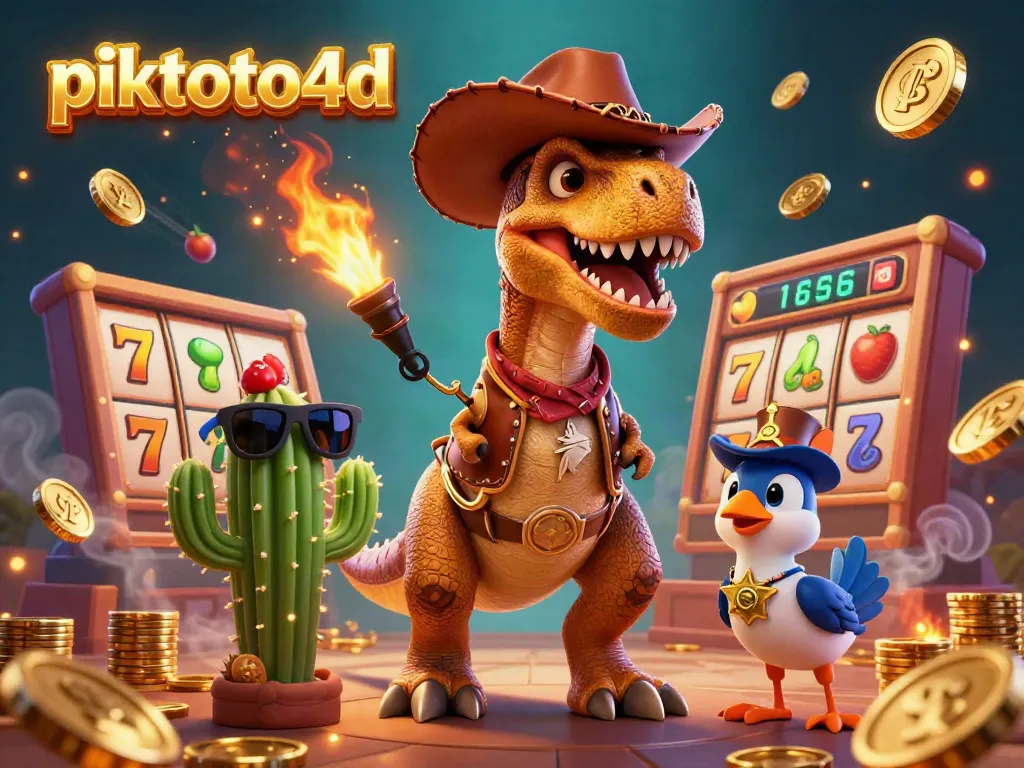 Experience dynamic slot gaming with piktoto4d featuring a T-Rex and vibrant jackpot elements.