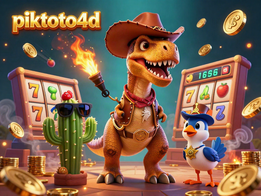 Experience dynamic slot gaming with piktoto4d featuring a T-Rex and vibrant jackpot elements.
