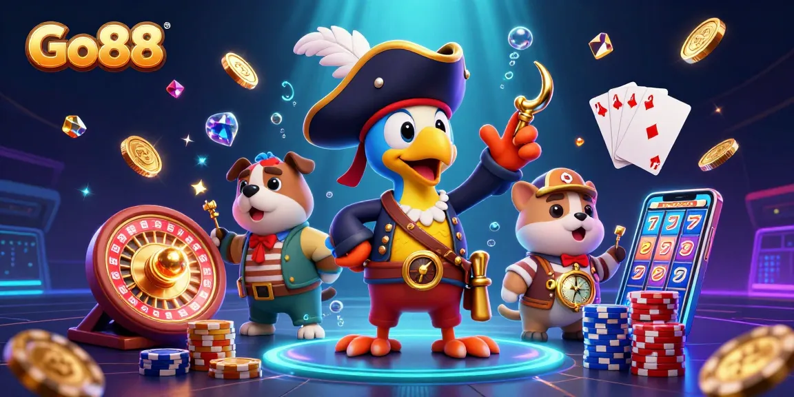 Experience Go88 with an exciting scene of gambling, gold coins, and casino elements.