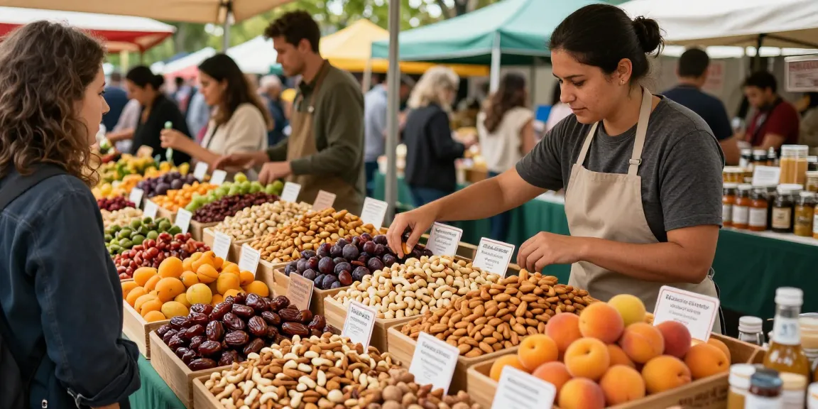 M98 สล็อตเว็บตรงไม่ผ่านเอเย่นต์ vibrant health food market with fresh nuts and dried fruits.