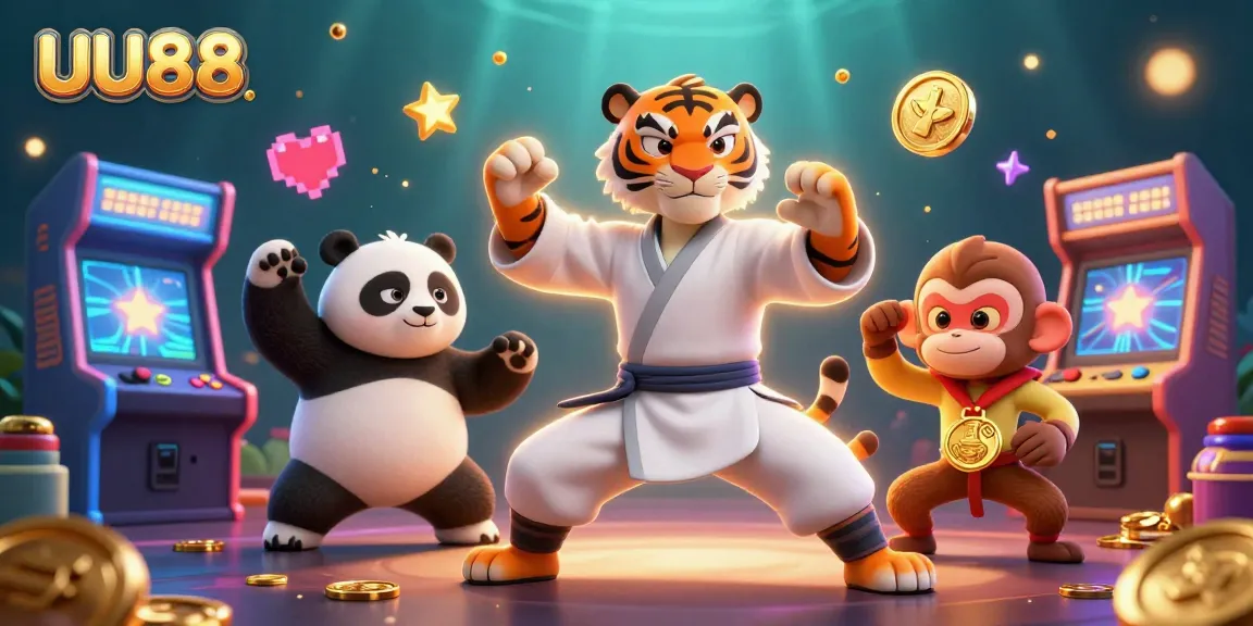 Experience thrilling action at UU88 with a kung fu tiger, panda disciple, and monkey, all in a vibrant casino scene.