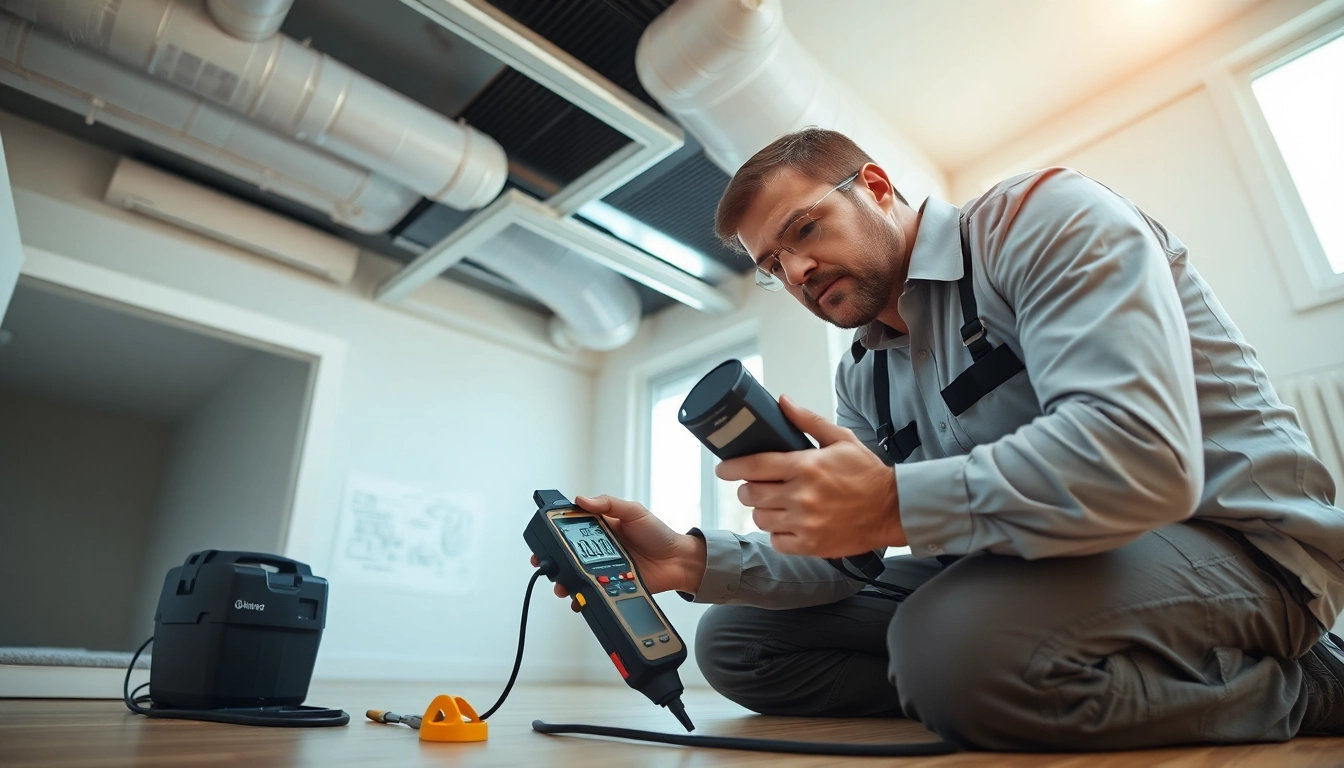 Duct leakage test by a technician using diagnostic tools to ensure duct system efficiency.