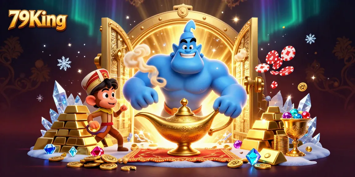 79King showcases a dynamic scene with a powerful genie, poker-themed carpet, and treasure galore in vibrant casino style.