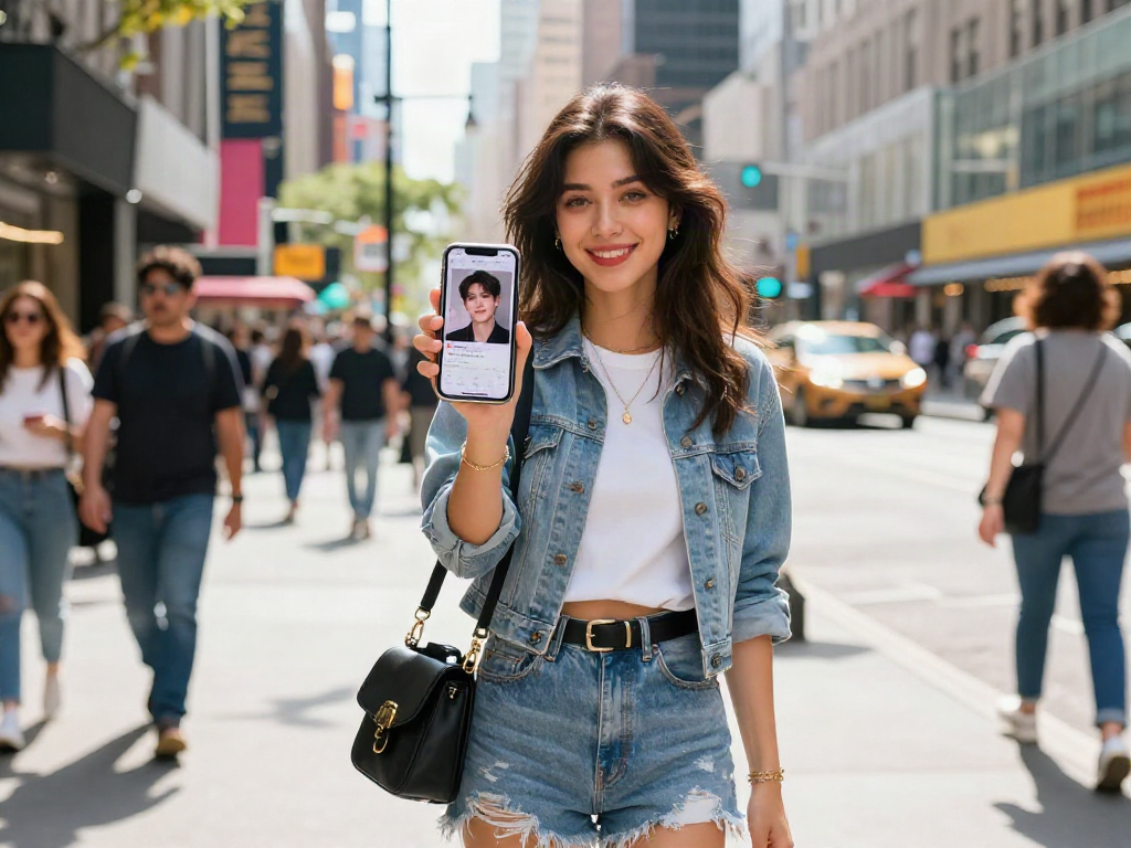 Young woman enjoying a celebrity look-alike app in a vibrant urban setting, showcasing modern fashion trends.