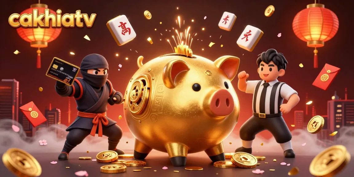 Cakhiatv showcases a dynamic gambling scene with a golden piggy bank sumo wrestler, capturing excitement and action.
