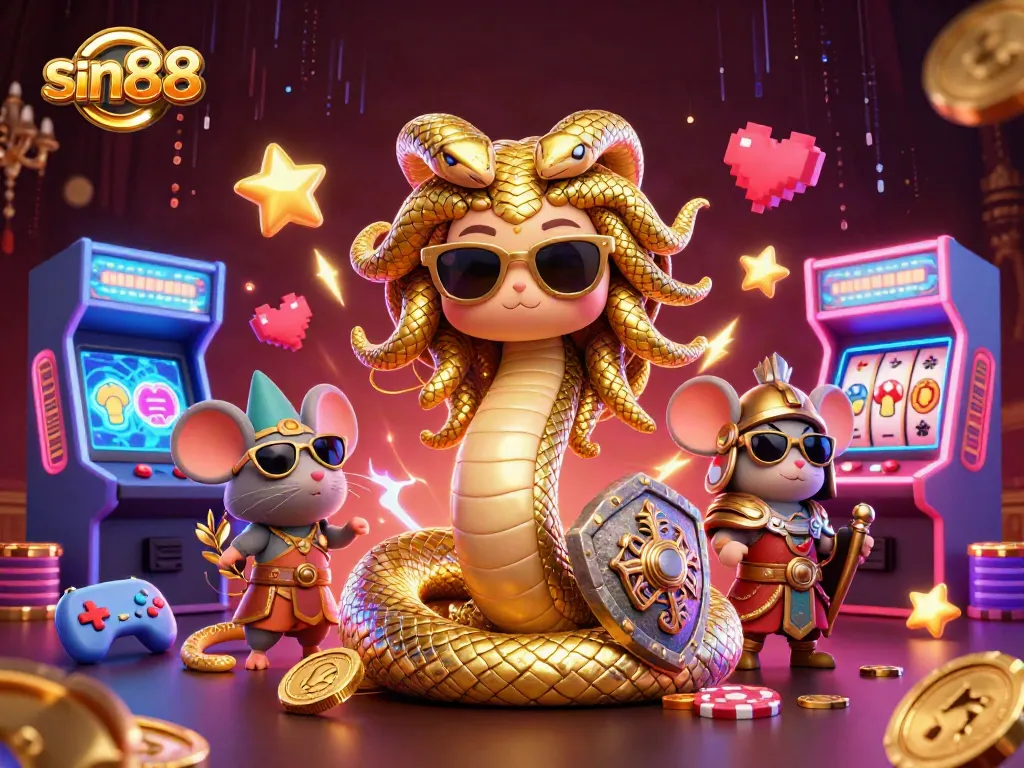 Experience the excitement of sin88 casino with a vibrant 3D cartoon illustration of a friendly Medusa and warrior mouse.