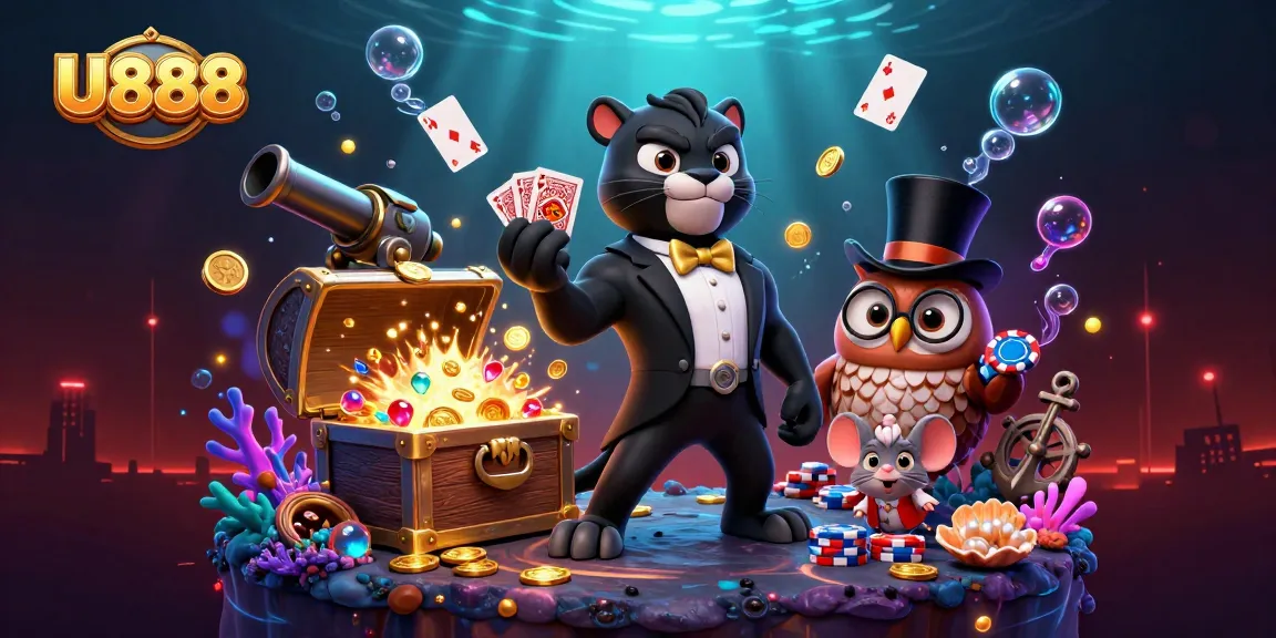 Experience the vibrant gaming world of U888, as the stylish characters deal cards in a colorful casino scene.