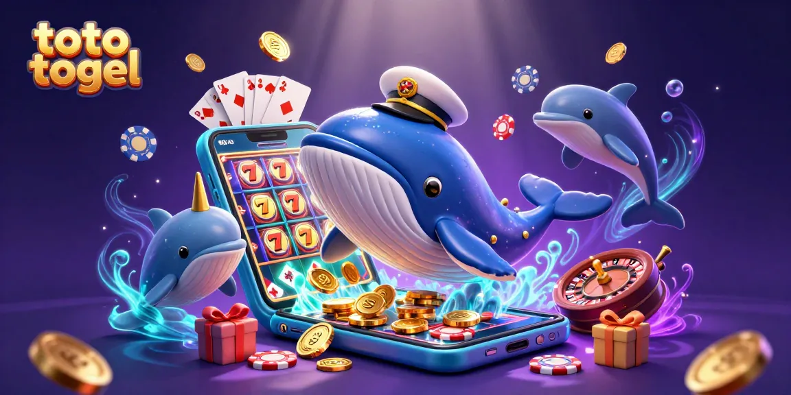 Menggunakan toto togel, gambar ilustrasi 3D menampilkan paus kartun raksasa dan teman-temannya dalam permainan kasino yang menakjubkan.
